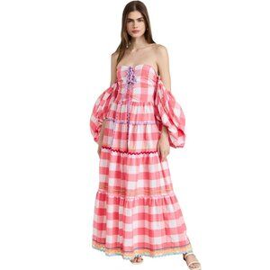 Sundress Erika Pink Gingham Off Shoulder Puff Sleeve Maxi Dress XS‎ S Maximalist